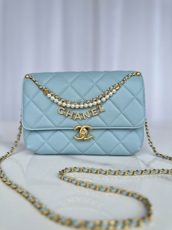 Chanel AS5011 Quilted Flap Bag with Pearl and Chanel Charm Chain in Light Blue