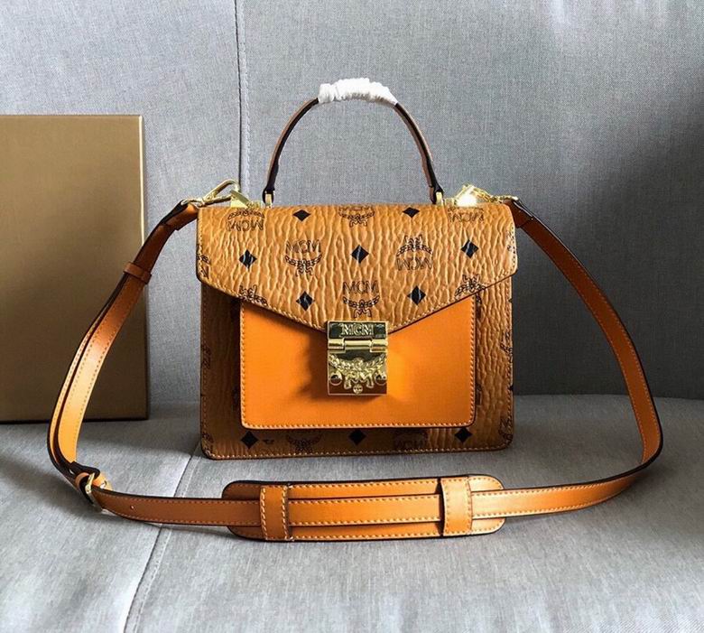 MCM Patricia Small Top-Handle Crossbody Bag in Cognac Visetos with Leather