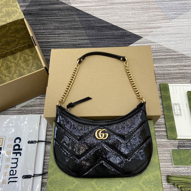 Gucci GG Marmont Half-Moon Shoulder Bag in Black Crinkled Patent Leather