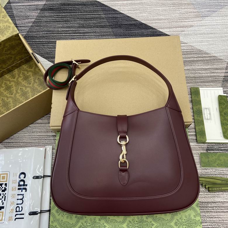 Gucci Jackie 1961 Large Shoulder Bag in Burgundy Leather with Web Strap