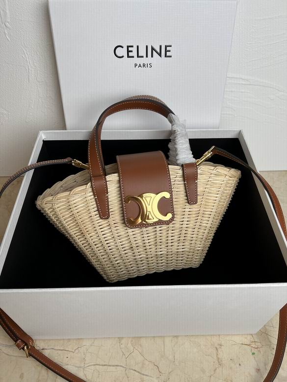Celine Triomphe Small Basket Bag in Natural Wicker with Tan Calfskin