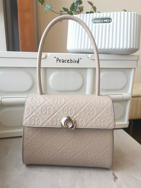 Tory Burch T Monogram Embossed Top-Handle Bag in Beige Leather