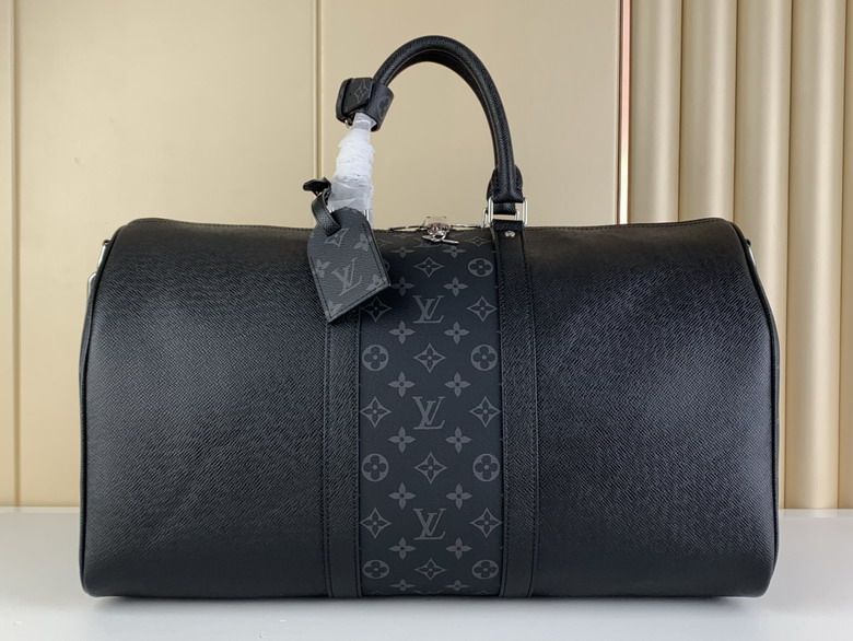 Louis Vuitton Keepall 50 Travel Duffle Bag in Black Taiga and Monogram Eclipse