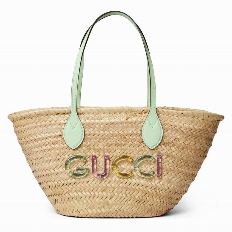 Gucci Small Straw Tote Bag with Multicolor Logo and Mint Leather Handles