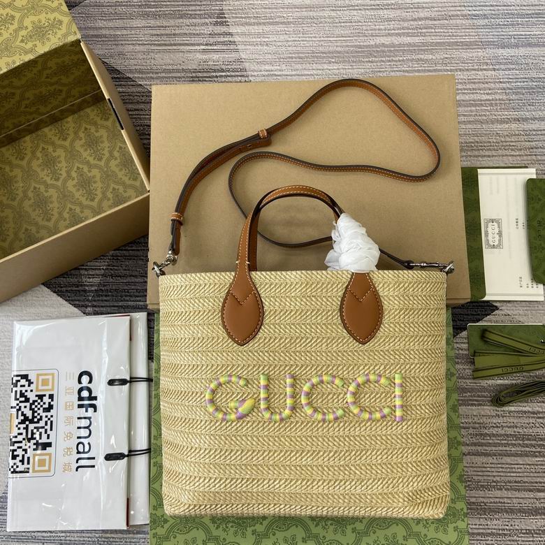 Gucci Logo Small Tote Bag in Natural Raffia-Effect Straw with Tan Leather