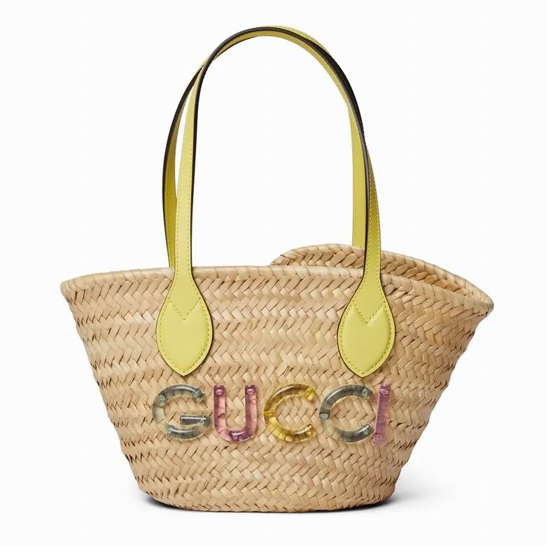 Gucci Small Straw Basket Tote with Multicolor Logo Letters and Yellow Handles