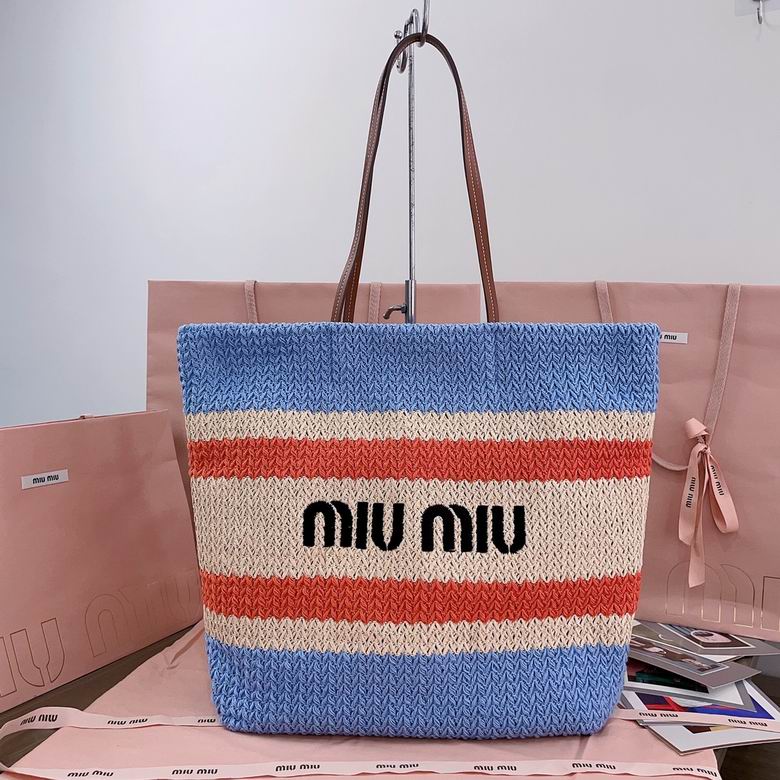 Miu Miu Striped Woven Fabric Tote Bag in Blue, Cream and Orange