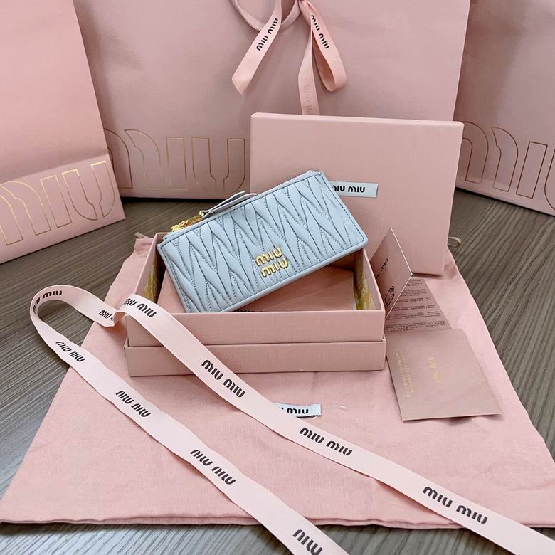 Miu Miu Matelassé Zip Card Holder in Light Blue Nappa Leather