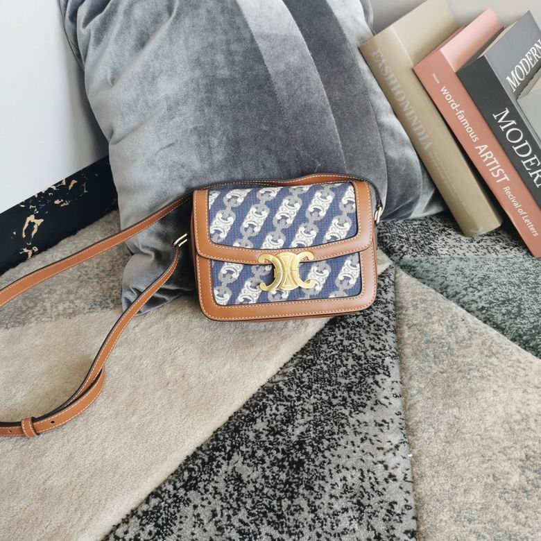 Celine Triomphe Teen Shoulder Bag in Navy Chain Print Textile with Tan Leather