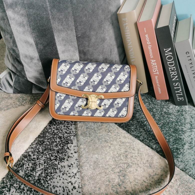 Celine Triomphe Medium Shoulder Bag in Navy Chain Jacquard with Tan Leather