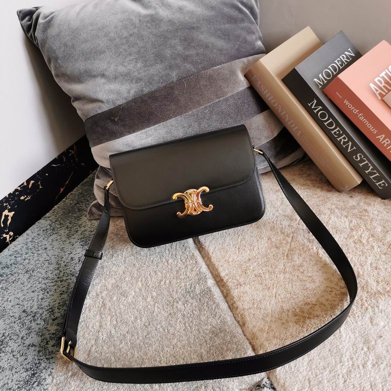 Celine Triomphe Medium Shoulder Bag in Black Smooth Leather with Gold Clasp