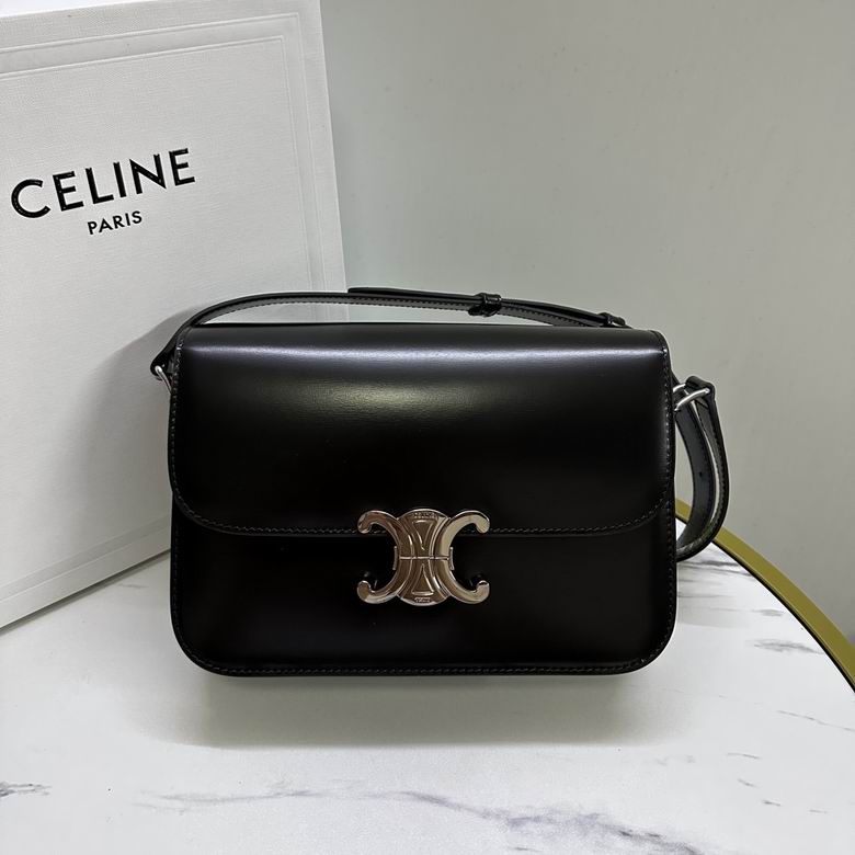Celine Triomphe Medium Shoulder Bag in Black Shiny Calfskin with Silver Clasp