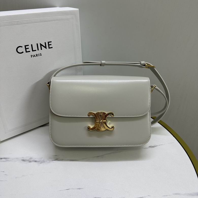 Celine Triomphe Medium Shoulder Bag in Off-White Shiny Calfskin Leather