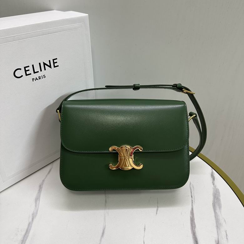 Celine Triomphe Teen Shoulder Bag in Green Shiny Calfskin with Gold Clasp