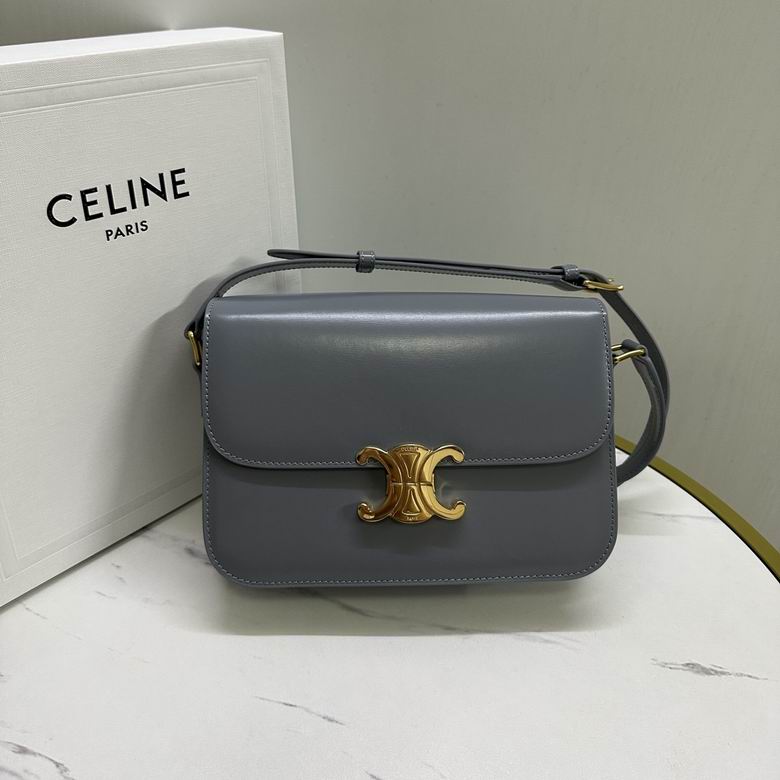 Celine Triomphe Medium Shoulder Bag in Slate Gray Shiny Calfskin