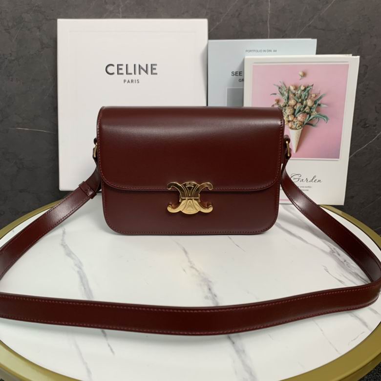 Celine Triomphe Medium Shoulder Bag in Burgundy Shiny Calfskin