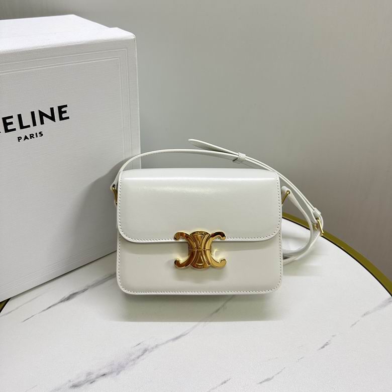 Celine Triomphe Teen Shoulder Bag in White Shiny Calfskin with Gold Clasp