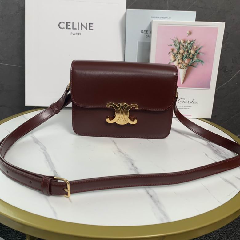Celine Triomphe Teen Shoulder Bag in Burgundy Smooth Leather with Gold Clasp