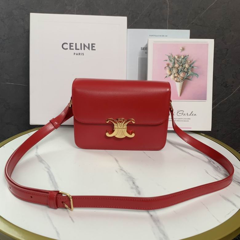 Celine Triomphe Teen Shoulder Bag in Red Shiny Calfskin with Gold Clasp