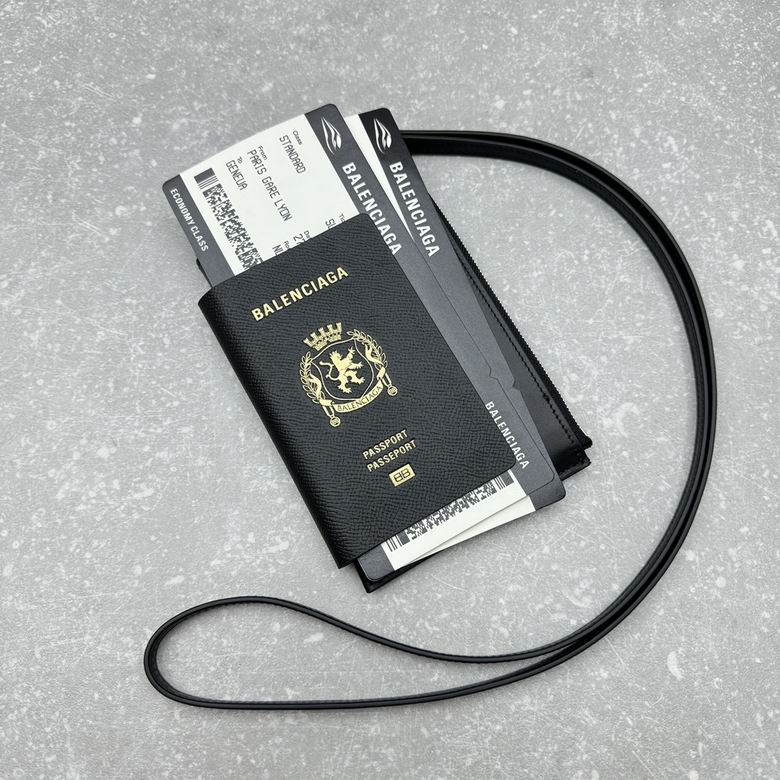 Balenciaga Passport Holder Wallet with Neck Strap in Black Grained Leather