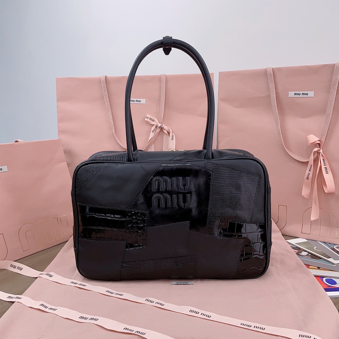 Miu Miu Patchwork Top-Handle Bowling Bag in Black Mixed Leather