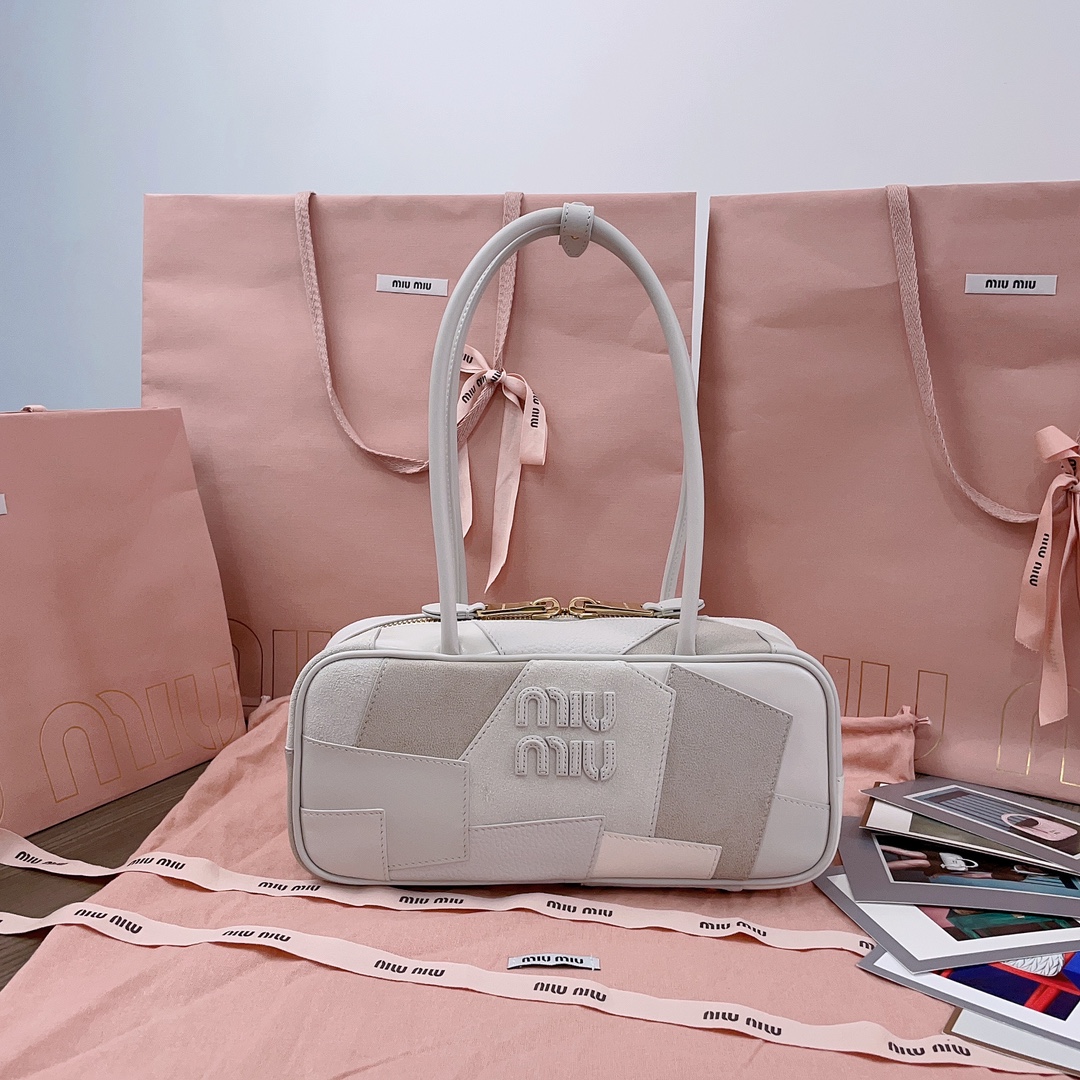 Miu Miu Arcadie Patchwork Top-Handle Bag in White Leather and Suede