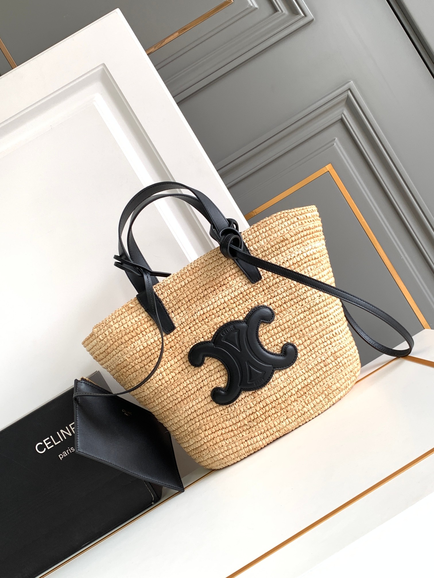 Celine Triomphe Small Panier Tote in Natural Raffia with Black Leather