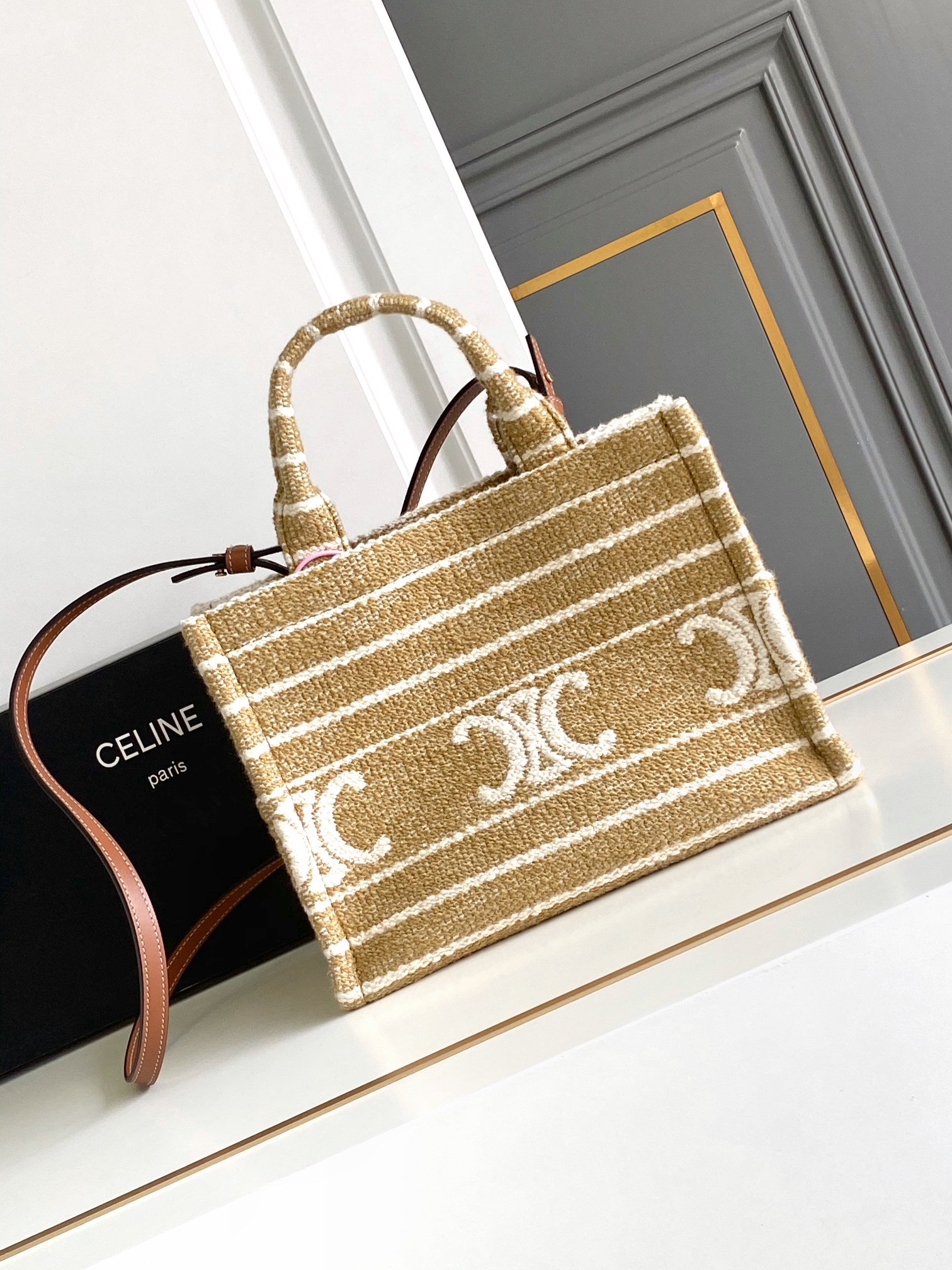 Celine Small Cabas Thais Tote in Striped Triomphe Textile with Tan Leather