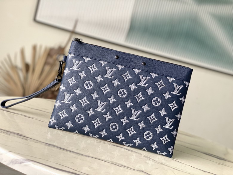 Louis Vuitton Pochette Voyage Zip Pouch in Navy Monogram Embossed Leather
