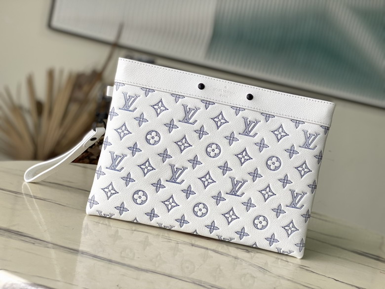 Louis Vuitton Pochette To Go Flat Pouch in White Monogram Embossed Leather