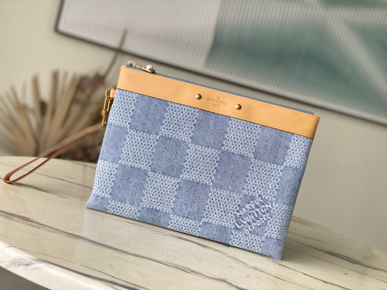 Louis Vuitton Pochette Zip Pouch in Blue Damier Denim with Leather Trim