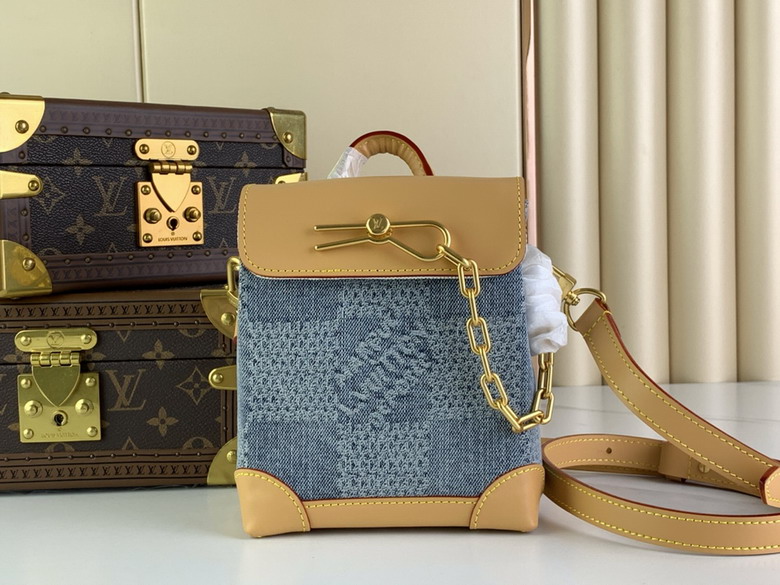 Louis Vuitton Nano Steamer Bag in Blue Damier Denim with Tan Leather Trim