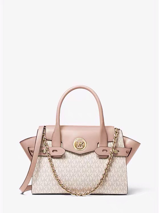 Michael Kors Carmen Small Satchel in Vanilla MK Logo Print with Soft Pink Trim
