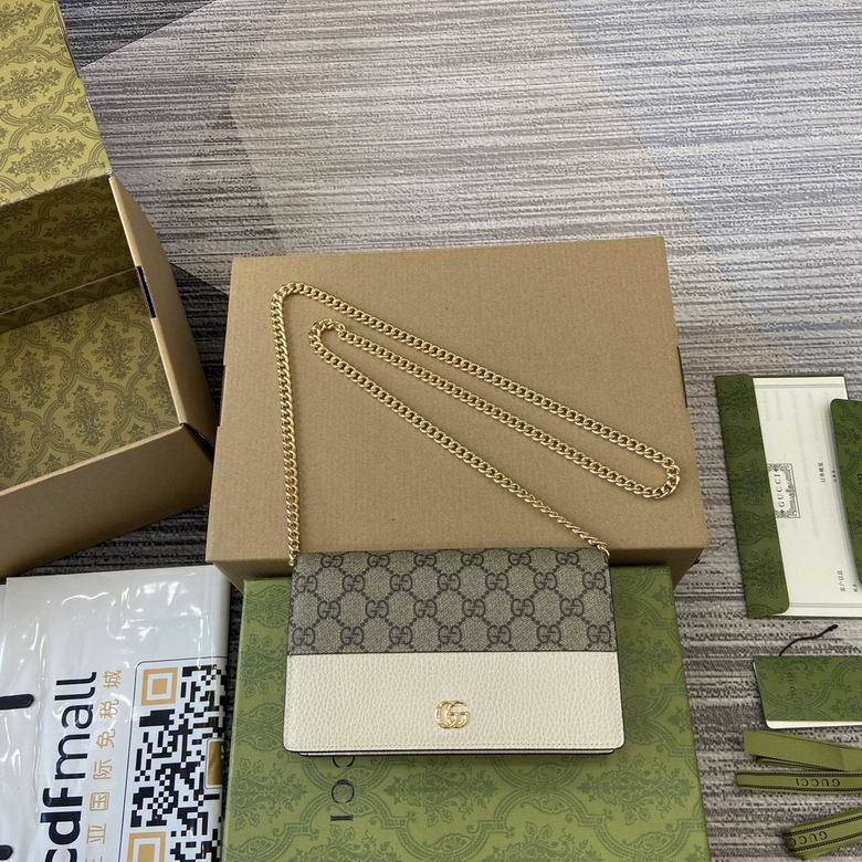 Gucci GG Marmont Chain Wallet in GG Supreme Canvas and White Leather