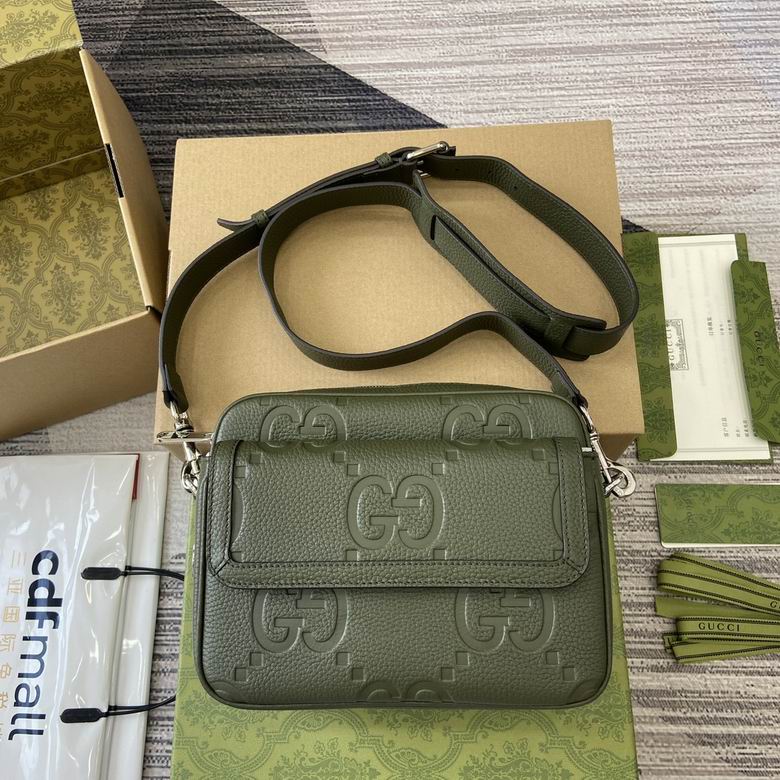 Gucci Jumbo GG Small Crossbody Bag in Olive Green Embossed Leather
