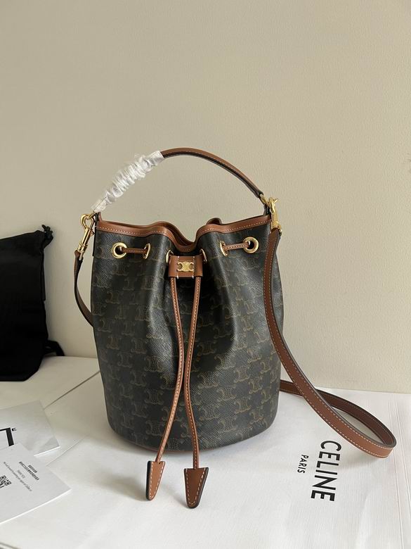 Celine Triomphe Canvas Drawstring Bucket Bag in Brown with Tan Leather Trim