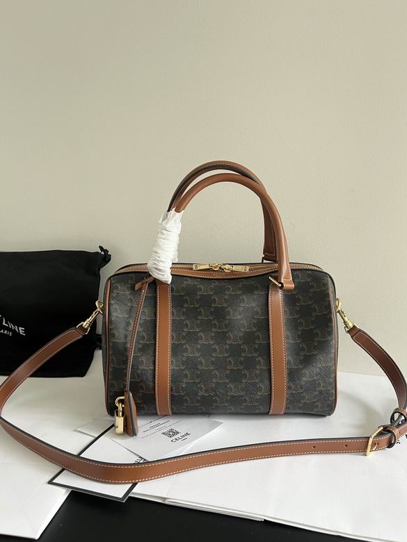 Celine Boston Bag in Triomphe Canvas with Tan Calfskin and Strap