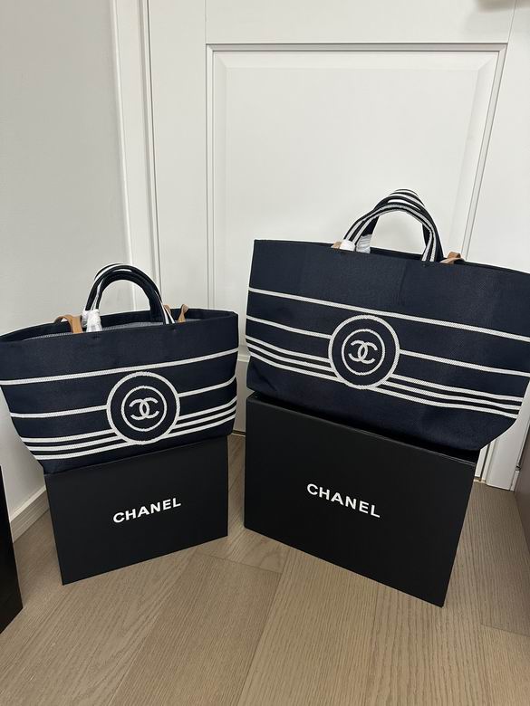Chanel Striped Canvas Tote Bag with CC Logo Medallion in Navy and White
