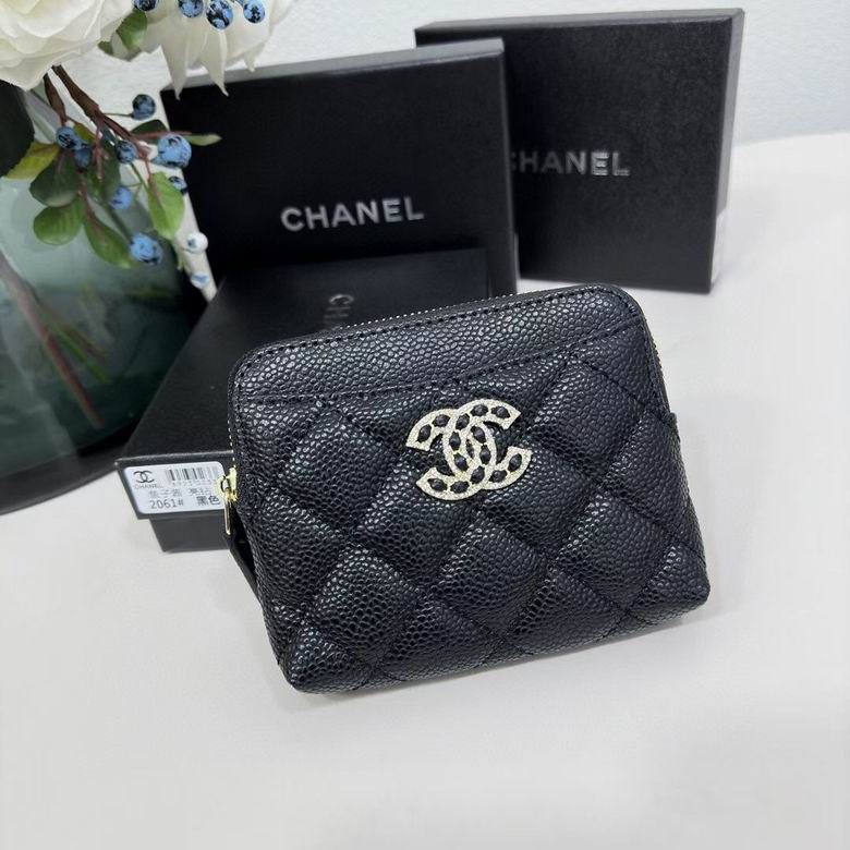 Chanel Quilted Zip Coin Purse with Crystal CC Logo in Black Grained Leather