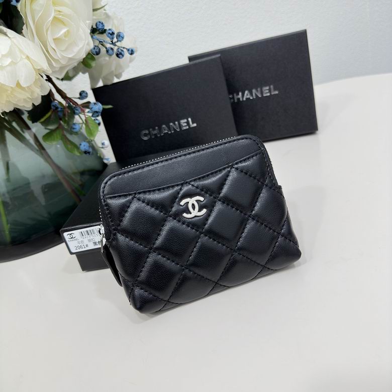 Chanel Classic Quilted Zip Coin Purse Wallet in Black Lambskin with Silver CC