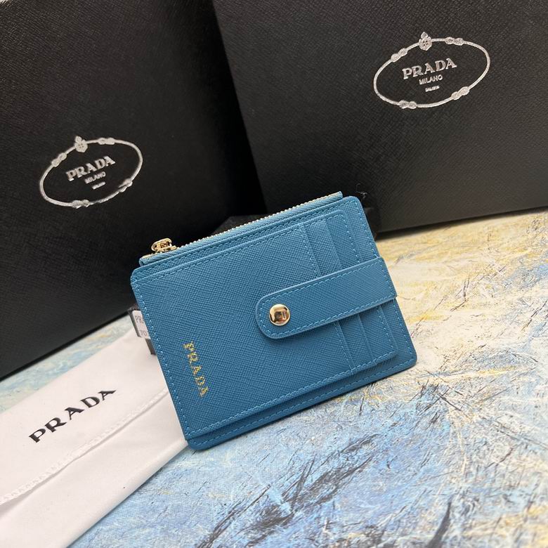 Prada Zip Card Holder with Snap Strap in Blue Saffiano Leather