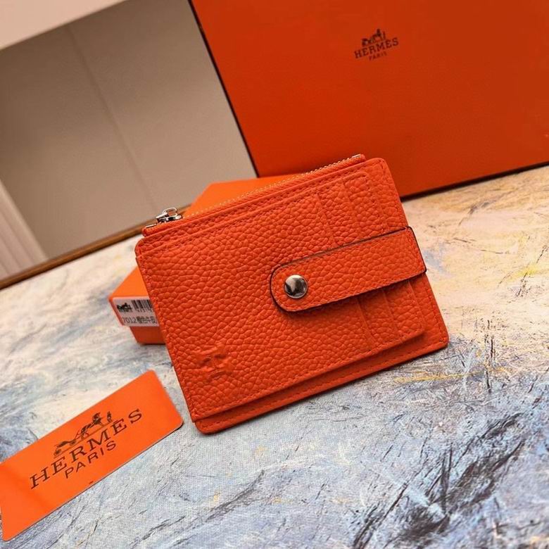 Hermès Zip Card Holder Wallet with Snap Strap in Orange Grained Leather