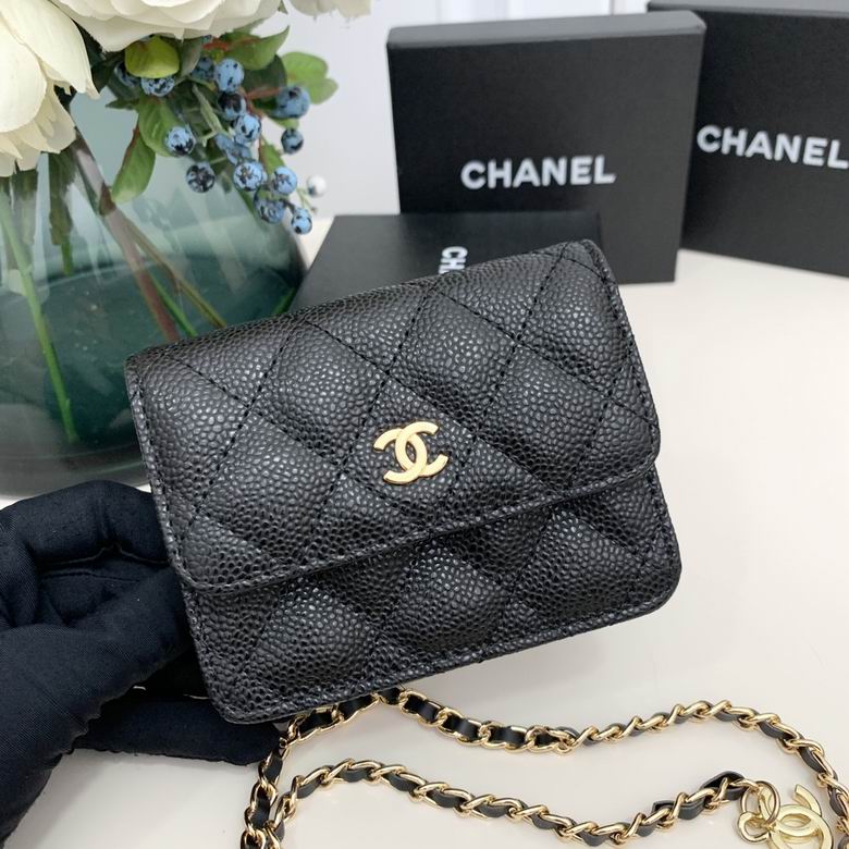 Chanel Classic Quilted Flap Card Holder with Chain in Black Caviar Leather