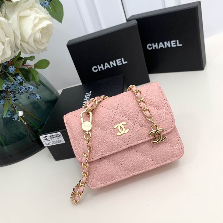 Chanel Mini Flap Card Holder with Chain in Pink Quilted Grained Leather