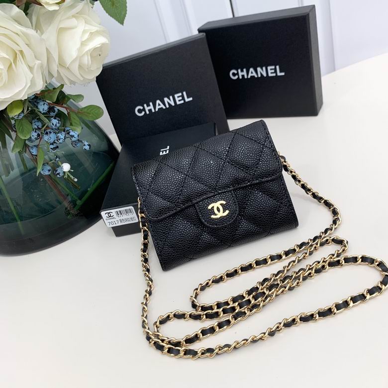 Chanel Classic Quilted Flap Card Holder on Chain in Black Grained Leather