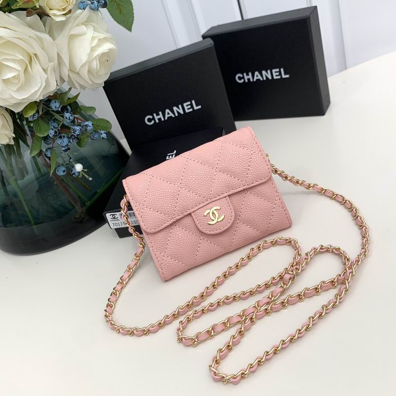 Chanel Classic Flap Card Holder on Chain in Pink Grained Leather