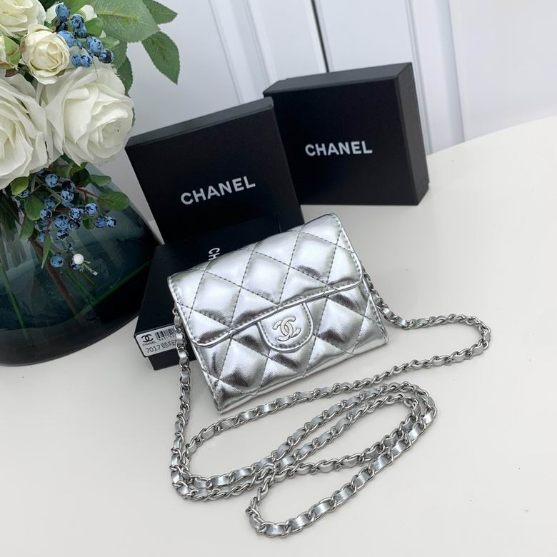 Chanel Mini Quilted Flap Card Holder on Chain in Silver Metallic Leather