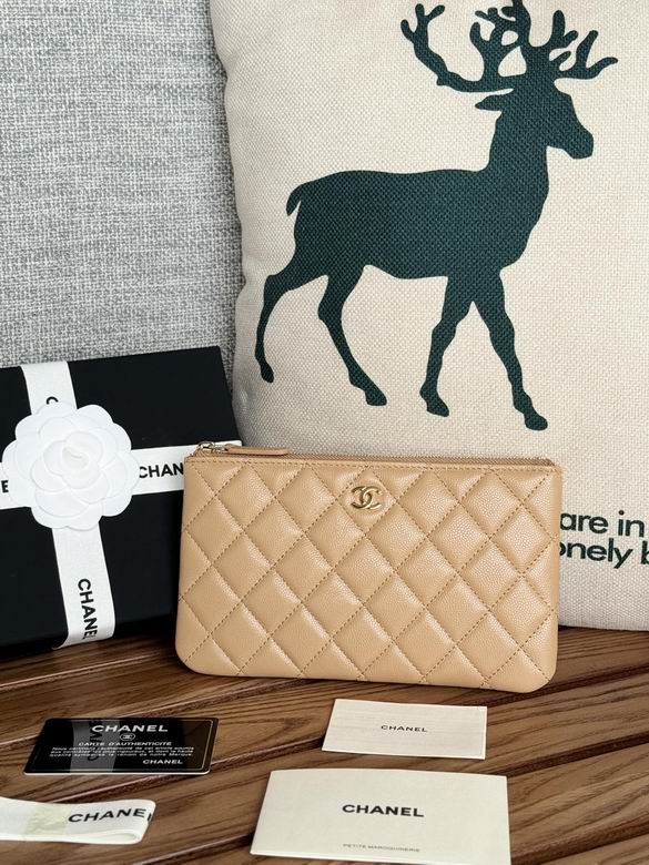 Chanel Classic Small Zip Pouch in Beige Quilted Grained Leather