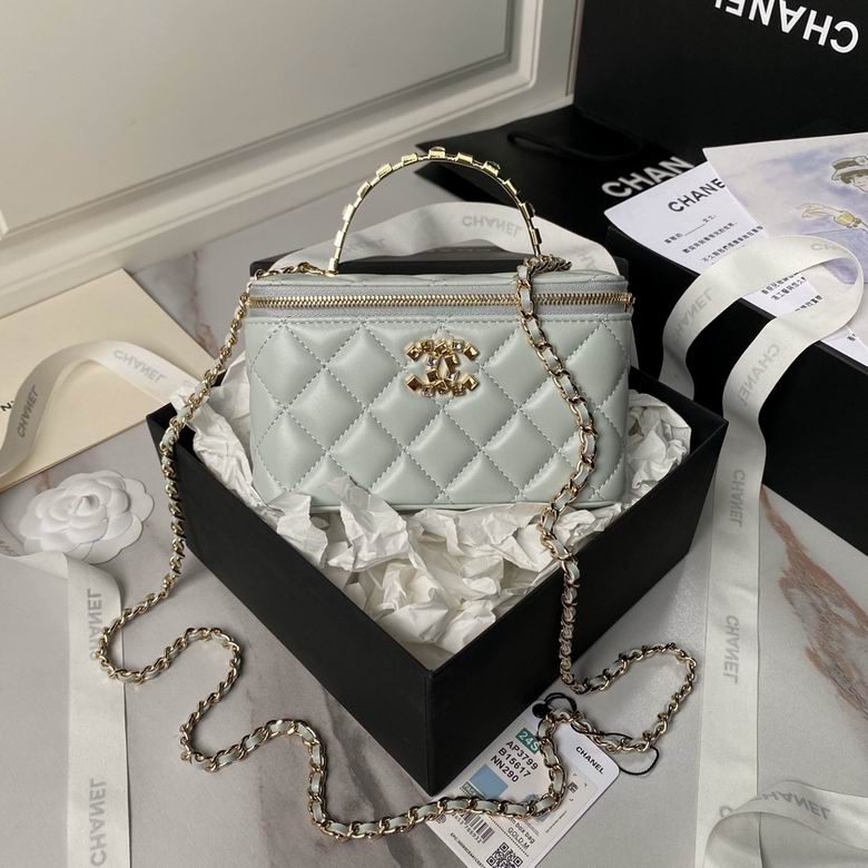 Chanel Small Vanity Case with Top Handle and Chain in Pale Blue Quilted Leather