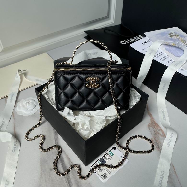 Chanel Small Vanity Case with Chain and Top Handle in Black Quilted Lambskin
